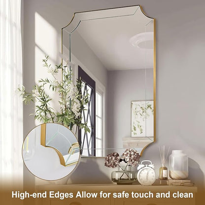 30x40 Scalloped Bathroom Mirror, Gold Rectangle Wall Mirror with Scallop Corner, Non-Rusting Vanity Mirror with Curved Cutouts, Well Made Antique Mirror Hangs Horizontal & Vertical