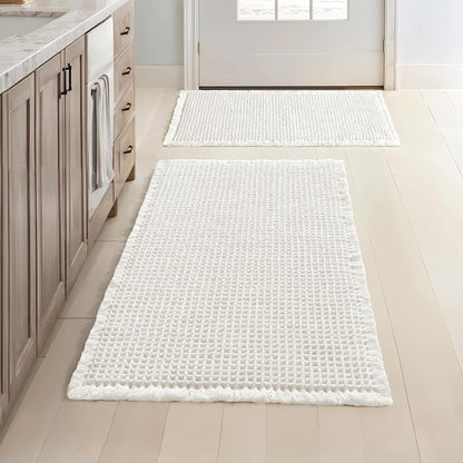 MIULEE Set of 2 Waffle Bathroom Rugs Boho Bath Mat White 17"x24"+18"x30" | Non Slip, Super Absorbent, Washable, Ultra Soft, Rubber Backed, Small Bath Rugs for Bathroom Floor Tub Shower