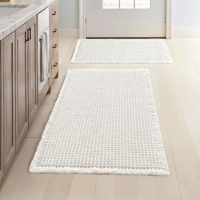 MIULEE Set of 2 Waffle Bathroom Rugs Boho Bath Mat White 17"x24"+20"x32" | Non Slip, Super Absorbent, Washable, Ultra Soft, Rubber Backed Bath Rugs for Bathroom Floor Tub Shower