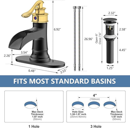 Homevacious Bathroom Faucet Black and Gold Waterfall Bathroom Sink Faucets with Single Handle Rustic Vanity Farmhouse RV Faucet Suitable for 1 or 3 Holes with Pop-up Drain Deck Plate Hose