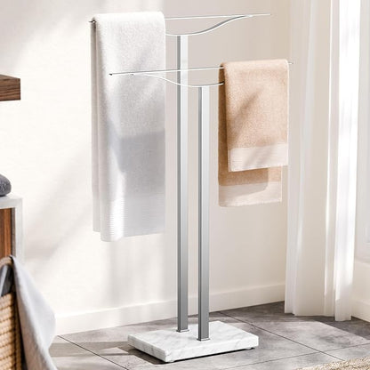Bathroom Towel Rack Freestanding Floor Stand: Brushed 33in 2‑Bar Weighted Marble Base Towel Holder, Rustproof 304 Stainless Steel Drying Rack for Bath&Hand Towels, No‑Drill Slim Organizer, Spa Pool