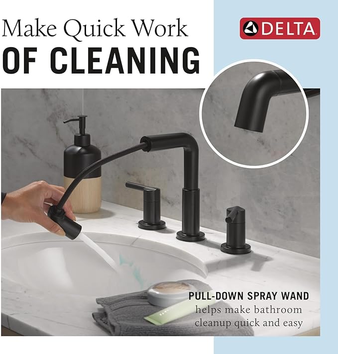 Delta Nicoli Matte Black Bathroom Faucet with Sprayer, 8 Inch 3 Hole Widespread Bathroom Sink Faucet with Pull Out Sprayer, Push-Pop Drain, Matte Black 35849LF-BLPD