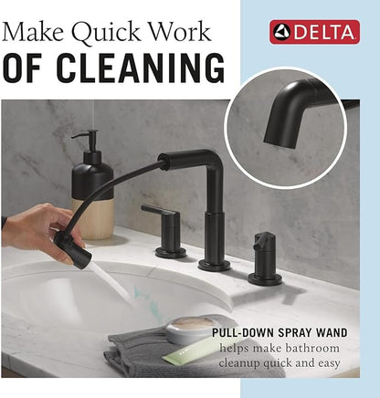Delta Nicoli Matte Black Bathroom Faucet with Sprayer, 8 Inch 3 Hole Widespread Bathroom Sink Faucet with Pull Out Sprayer, Push-Pop Drain, Matte Black 35849LF-BLPD
