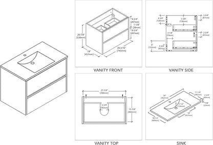 Blossom 30 Inch Bathroom Vanity with Sink - All Wood Floating Vanity Cabinet with Ceramic Sink - 2 Soft-Closing U-Shaped Cutout Drawers - Modern Bathroom Storage Vanities, Silver Grey Finish