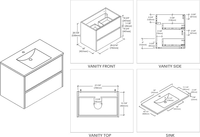 Blossom 30 Inch Single Bathroom Vanity with Ceramic Sink | All Wood Floating Vanity Cabinet | 2 Soft-Closing U-Shaped Cutout Drawers | Modern Vanities with Storage, Glossy White