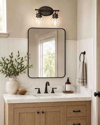 Farmhouse Vintage Bathroom Light Fixtures, 2-Light Wall Mount Lighting Sconce Over Mirror, Oil Rubbed Bronze Vanity Lights with Globe Clear Glass, AD-2147-2W