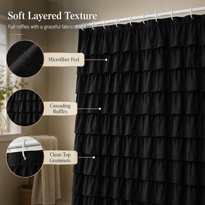 Black Ruffle Shower Curtain for Bathroom, 72x72, Cascading Layered Ruffles | Flowing Ruffle Drape, 72 x 72 inch, 7ft, 12 Plastic Hooks Included, Machine Washable, Soft Brushed Microfiber Fabric