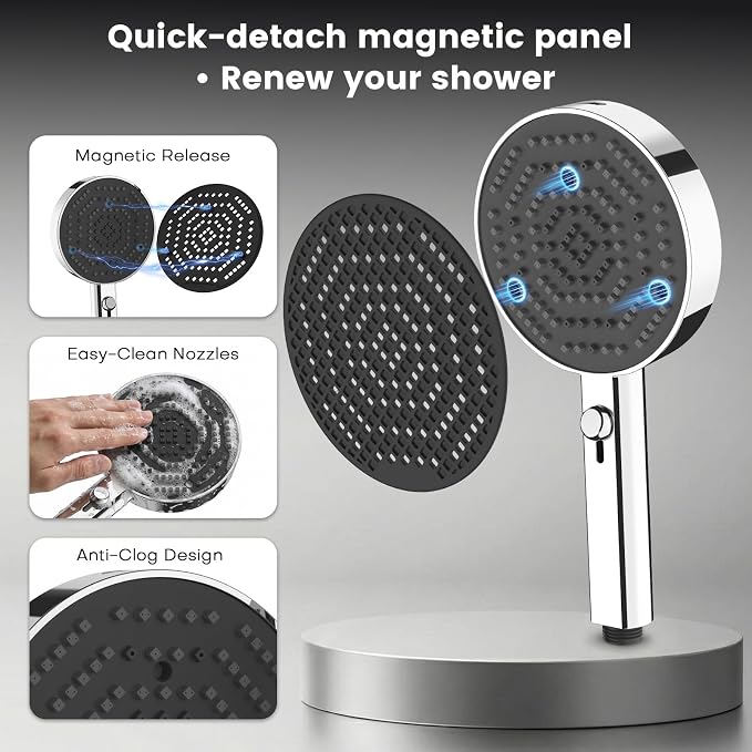 PWERAN Filtered Shower Head with Handheld, High Pressure 4 Spray Mode Showerhead with Filters, Water Softener Beads for Hard Water with ON/OFF Switch for Pets (Chromium Silver, 5 Inch Panel)