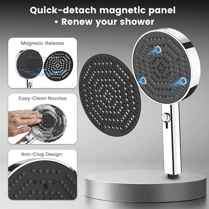 PWERAN Filtered Shower Head with Handheld, High Pressure 4 Spray Mode Showerhead with Filters, Water Softener Beads for Hard Water with ON/OFF Switch for Pets (Chromium Silver, 5 Inch Panel)