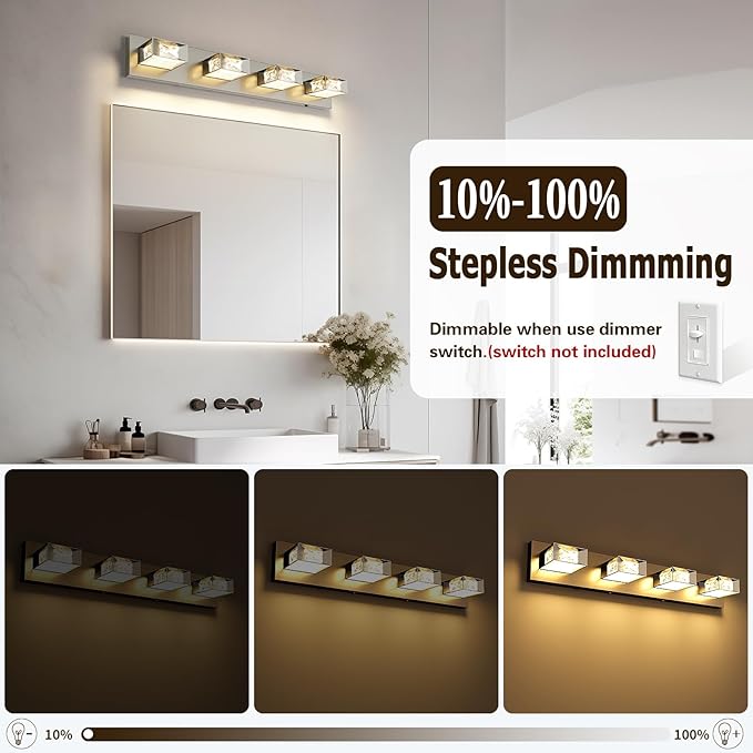 Joossnwell Brushed Nickel Bathroom Lights Fixtures Over Mirror (4-Light, 28-Inch) Crystal Vanity Light 5CCT Dimmable Modern Led Bathroom Lighting with 350°Rotatable Head