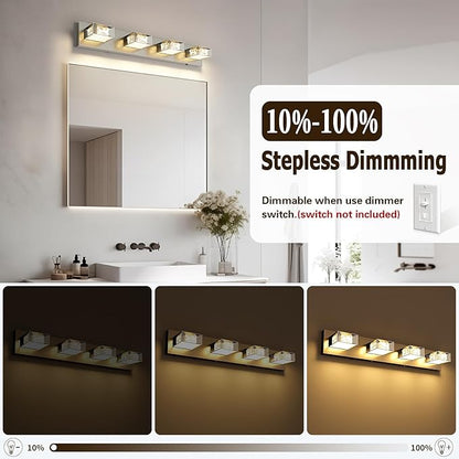 Joossnwell Brushed Nickel Bathroom Lights Fixtures Over Mirror (4-Light, 28-Inch) Crystal Vanity Light 5CCT Dimmable Modern Led Bathroom Lighting with 350°Rotatable Head