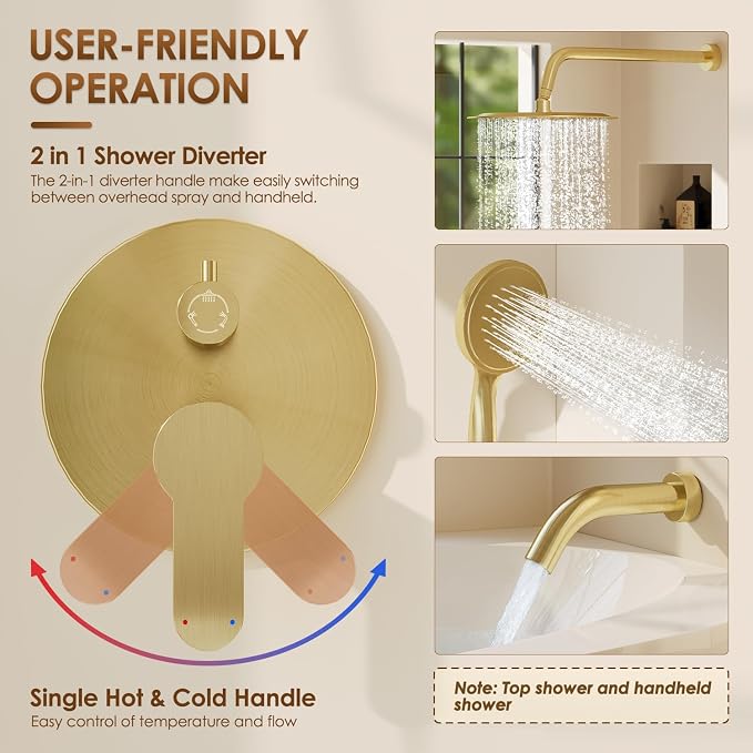 Brushed Gold Shower System with Tub Spout with 10" Rain Shower Head | All Metal Tub Shower Faucet Set with Shower Head and Handheld Spray combo, Wall Mounted Shower System with valve and Trim kit