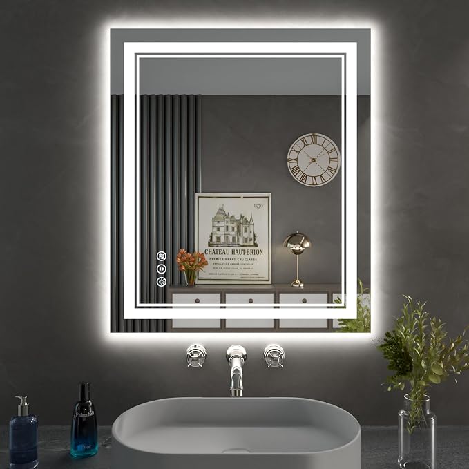 24x28 Inch LED Bathroom Mirror with Lights | Front and Backlit, 3 Colors, Dimmable, Memory, Anti Fog, Shatterproof, Horizontal/Vertical, Lighted Mirrors for Bathroom Wall