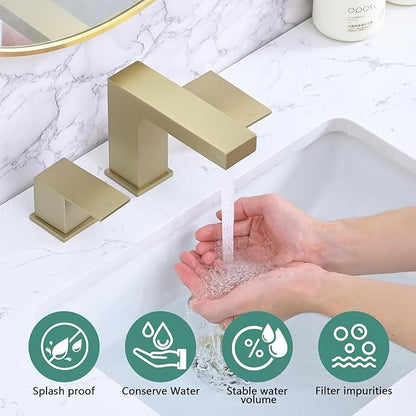 Bathroom Faucet 3 Hole, 8 Inch Widespread Bathroom Sink Faucets, 2 Handle Bathroom Faucets for Sink, Modern Rv Lavatory Vanity Faucet with Pop Up Drain and Supply Hoses, Brushed Golden