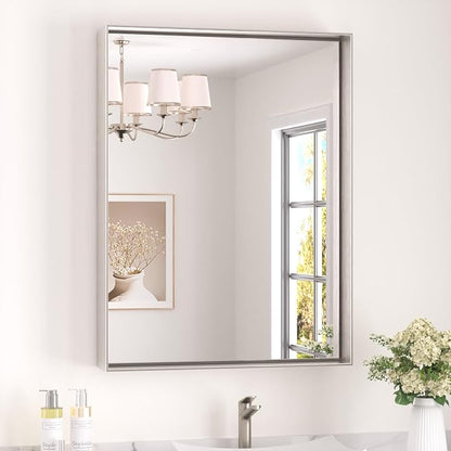 Keonjinn 24x32 Inch Nickel Bathroom Mirror for Over Sink, Aluminum Alloy | HD Tempered Glass, Vanity Mirror, Brushed Framed, Square Corner, Modern Farmhouse, Wall Mounted Mirrors, Rectangular