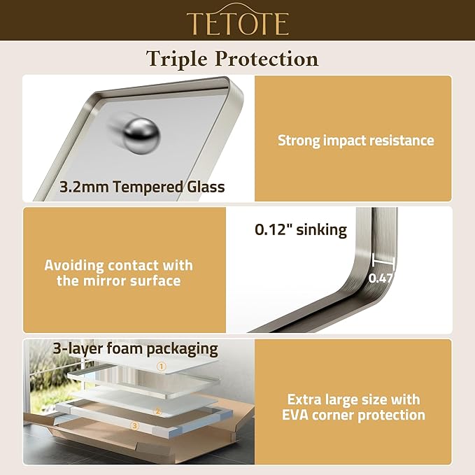 TETOTE 60 x 36 Inch Brushed Nickel Bathroom Mirror Metal Framed Bathroom Mirror, Tempered Glass, Modern Farmhouse Wall Mounted Mirror for Decorative(Horizontal/Vertical)