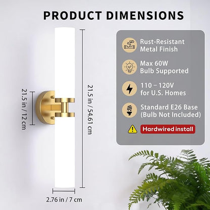Wall Sconces Set of 2 Hardwired Bathroom Light Fixtures E26 Base | Brushed Gold, 22Inch, Modern Vanity Wall Lighting with Milky White Glass Shade, for Mirror Bedroom Living Room Hallway