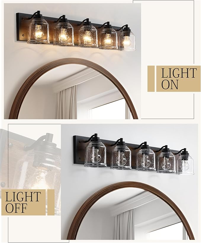 Vanity Lights for Bathroom Large 40", Farmhouse Rustic Vanity Light with Bubble Glass Shades, Brown 5 Light Bathroom Lighting Fixtures Over Mirror, Bath Wall Sconce Home Decor
