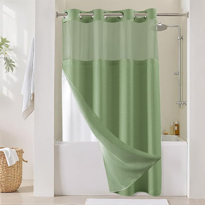 River Dream Cotton Blend Fabric Shower Curtain Set with Liner, Sage, 54x80 | Waffle Weave, No Hook Needed, with Snap in Replacement Liner, Top Sheer Window, Hotel Quality Fabric for Bathroom