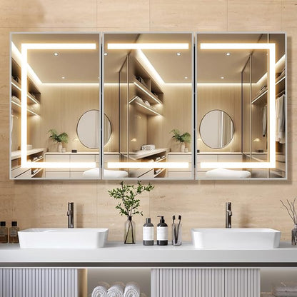APRILSOUL 60x32 Inch Lighted Bathroom Medicine Cabinet with Mirror, Silver Recessed or Surface Mount Medicine Cabinet Mirror with Storage and LED Lights, 3 Colors Temperature, Dimmable Light