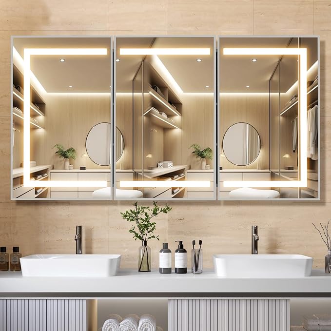 APRILSOUL 48x32 Inch Lighted Bathroom Medicine Cabinet with Mirror, Silver Recessed or Surface Mount Medicine Cabinet Mirror with Storage and LED Lights, 3 Colors Temperature, Dimmable Light