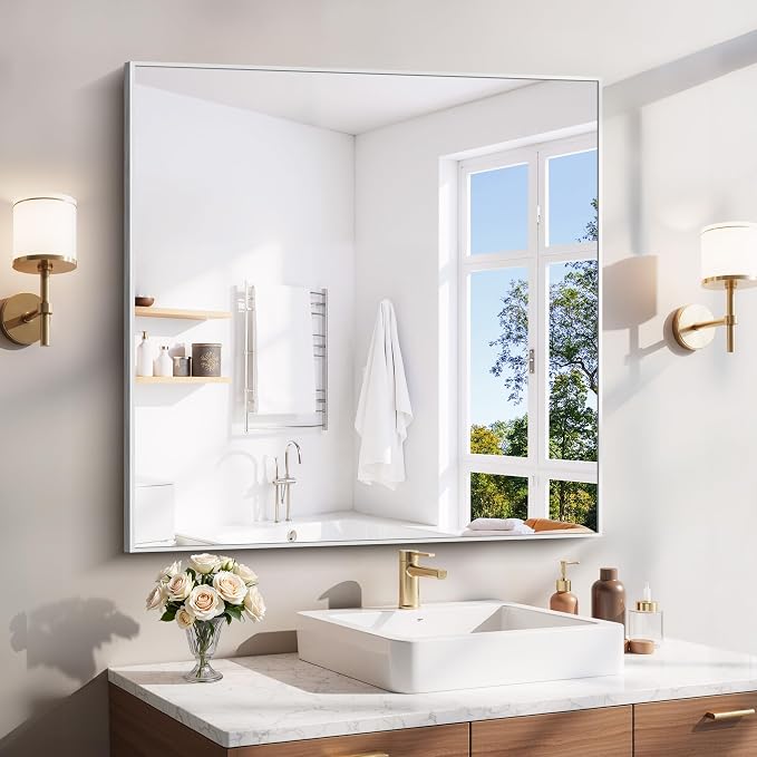 YIROMAN Bathroom Mirror 36"x36",Brushed Silver Bathroom Mirror for Over Sink with Aluminum Frame, Square Vanity Mirror with Right Angle, Wall Mirror Hangs Horizontal or Vertical