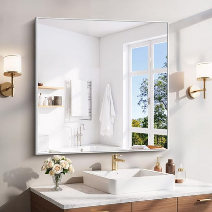 YIROMAN Bathroom Mirror 36"x36",Brushed Silver Bathroom Mirror for Over Sink with Aluminum Frame, Square Vanity Mirror with Right Angle, Wall Mirror Hangs Horizontal or Vertical