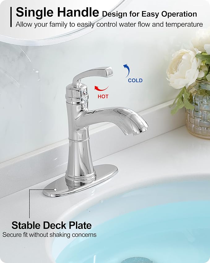 Brass Bathroom Sink Faucet Single Handle, Bath Sink Faucet, Chrome Bathroom Faucet 1 Hole or 3 Holes, Vanity Faucets 4 Inch with Pop-up Drain, Deck Plate, Pre-Installed Hose Save Water