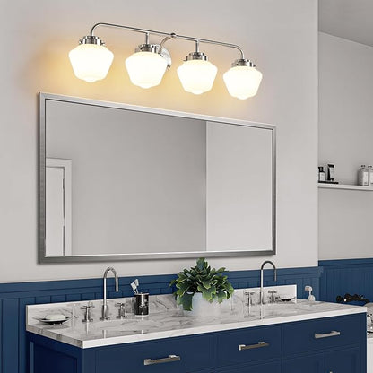 Bathroom Vanity Light Fixtures: 4-Lights Brushed Nickel Vintage Light Fixtures for Bathroom Above Mirror, Wall Lights Indoor with Frosted Milky Glass for Bath Bedroom