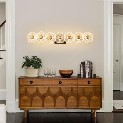 MantoLite Bathroom Light Fixtures Modern Vanity Light Over Mirror Adjustable 3000K-6000K Picture Lights Art Light with Floral Clear Glass Shades for Living Room Bedroom Wall Sconces (7 Light Black)