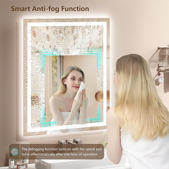 30x36 LED Bathroom Mirror with Lights - Dimmable, Anti-Fog, 3 Color Backlit & Front Lit Mirror for Bathroom, Shatter-Proof Tempered Glass, Easy Installation