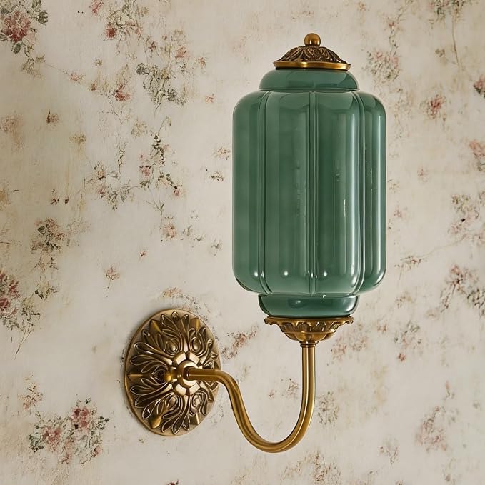 Vintage Milk Glass Wall Sconce, H15" Hardwired Green Glass Sconce with Gold Carved Metal, Antique Bronze Retro Wall Lamp for Bedroom, Bathroom, Living Room, Hallway, E12 Bulb Warm Light (Green 1Pack)