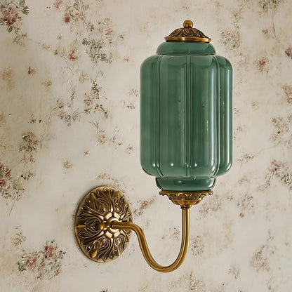 Vintage Milk Glass Wall Sconce, H15" Hardwired Green Glass Sconce with Gold Carved Metal, Antique Bronze Retro Wall Lamp for Bedroom, Bathroom, Living Room, Hallway, E12 Bulb Warm Light (Green 1Pack)