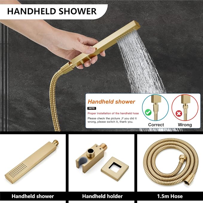 Midanya Shower Faucet Set with Handheld Sprayer,10 Inch,Brushed Gold | Rough-in Shower Valve and Trim Kit Included,Square Rain Head,Wall Mount Shower System,All Metal,Bathroom