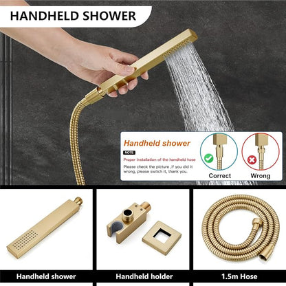 Midanya Shower Faucet Set with Handheld Sprayer,10 Inch,Brushed Gold | Rough-in Shower Valve and Trim Kit Included,Square Rain Head,Wall Mount Shower System,All Metal,Bathroom