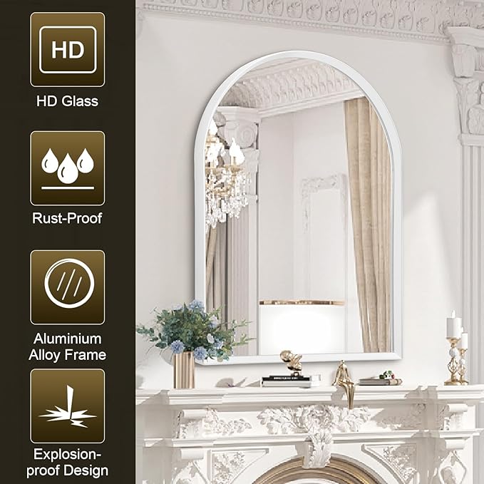 Arched Wall Mirror Bathroom Mirror Brushed Metal Vanity Wall Mounted Mirror for LivingRoom Bedroom Entryway Room Home Decor White 28"x20"