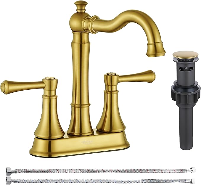 Brushed Gold 4 Inch Centerset Bathroom Faucets for 2/3 Holes Sink | Includes Plastic Pop-Up Drain & Two 23.6" Supply Lines, Classic 4" Center Set Lavatory & Bath Vanity Sink Faucet, Brass Spout