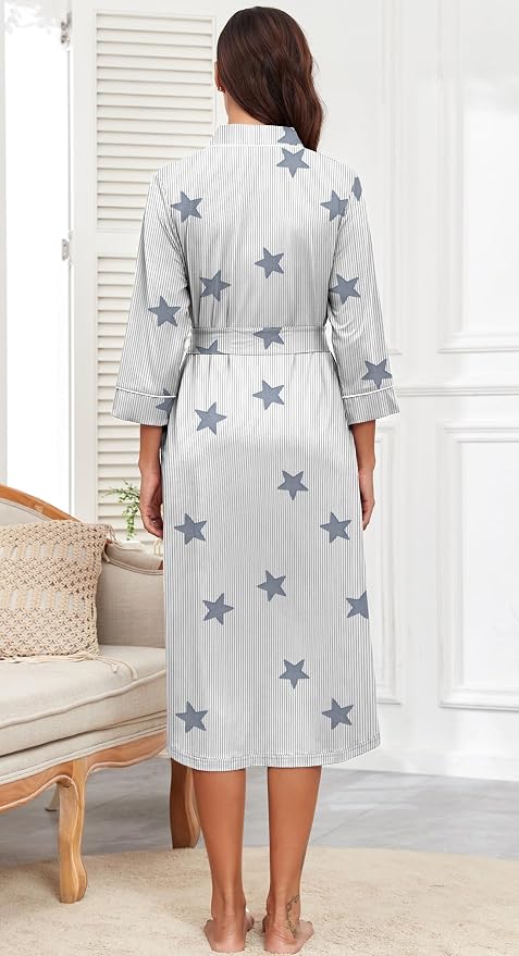 PrinStory Robes for Women 3/4 Sleeve Long Bath Robe XS-4XL | V-Neck Knit Bathrobe with Pockets, Lightweight, Soft, Breathable Robes for Shower, Spa, Travel, Home, Party, Nursing