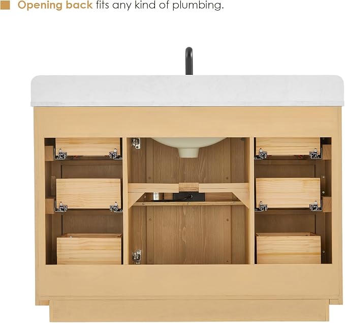 48 Inch Bathroom Vanity with Sink Modern Pedestal Single Vanities with Top | Pre-Assembled, Backsplash Included, Sturdy Solid Wood, Large Storage Cabinet, Soft Closing Doors, Dovetail Drawers