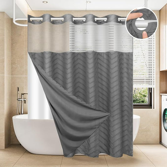 FADOTY Grey No Hook Shower Curtain Set with Snap in Liner, 71'' x 74'' | Bathroom Hotel Fabric Curtain, Waterproof Washable Liner, See Through Top Window, Ringless Chevron Tufted Cloth Curtain
