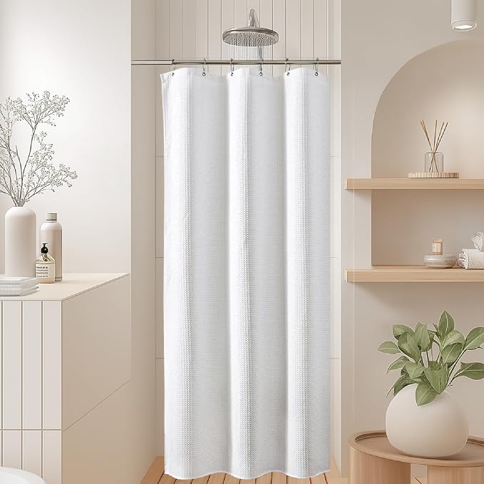 256GSM Heavy Duty Waffle Weave Shower Curtain, White 48"x72" | with Weighted Hem & Rustproof Grommets - Hotel Spa Luxury for Narrow Bathroom, RV, Apartment
