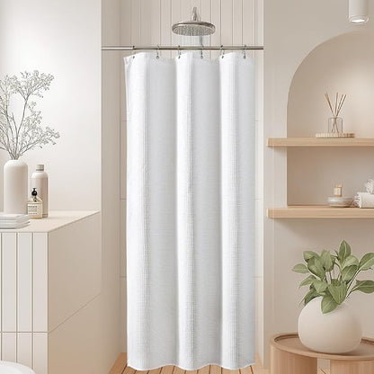 White Waffle Weave Hotel Spa Shower Curtain, 36"x72" | Small Bathroom Curtain, 256GSM Heavy Duty Polyester with Weighted Hem & Metal Grommets,Hotal Style & Machine Washable