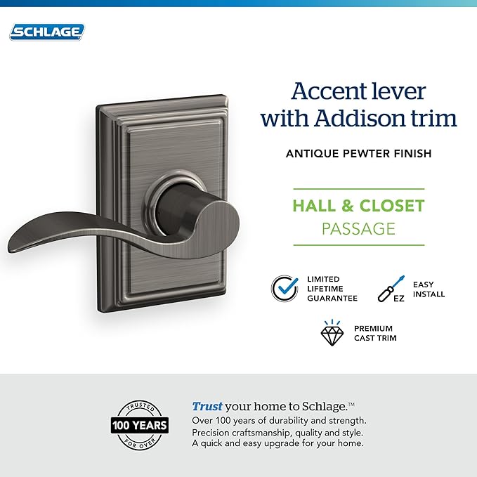 SCHLAGE Addison Trim with Accent Hall and Closet Lever, Antique Pewter (F10 ACC 620 ADD)