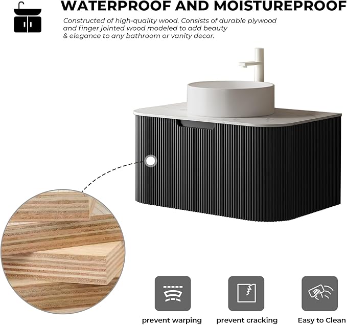 LKTART 24 Inch Floating Bathroom Vanity with Sink, Modern Wall Mounted Bathroom Storage Cabinet with Drawer, Round White Ceramic Sink Top and Marble Texture Top,Black