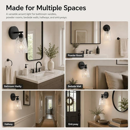 Black Bathroom Vanity Light Over Mirror, 1-Light Modern Vanity Light with Textured Glass Shade, Stainless Steel Backplate, E26 Socket (Bulb Not Included)