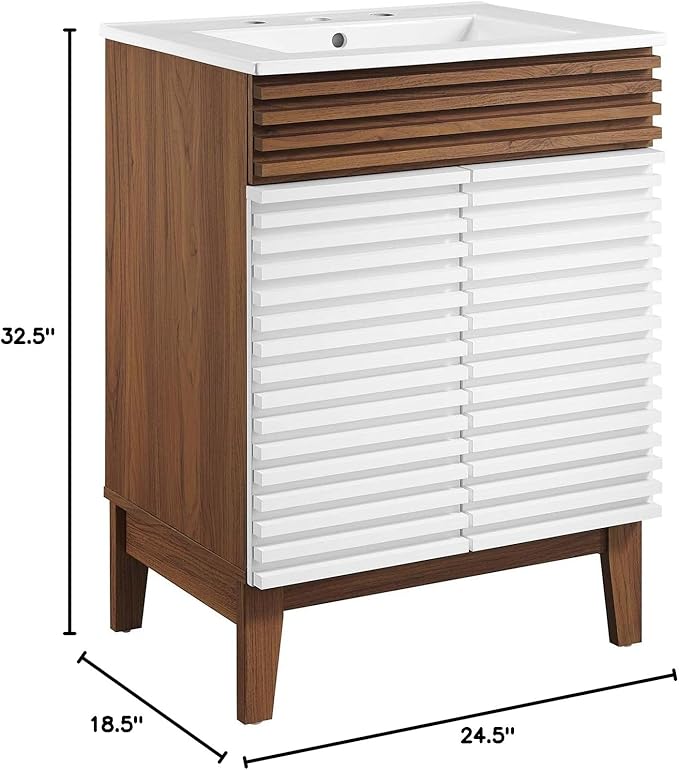 Modway Render Mid-Century Bathroom Vanity with Sink in White Walnut White