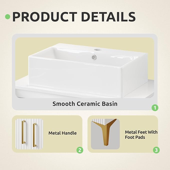 YITAHOME 30 Inch Bathroom Vanity with Vacuum Forming, Freestanding Storage Cabinet Vanity with Counter Top Sink Combo, 2 Large Soft Closing Doors with Shelf, Gold Handles & Legs, White