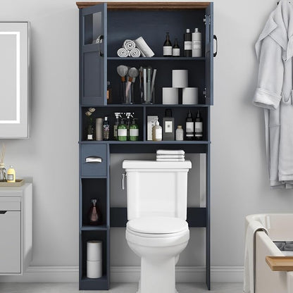 Vabches Over The Toilet Storage Cabinet with Doors & Paper Holder, Blue | Vabches Freestanding Toilet Shelf Space Saver with Anti-Tip Design & Adjustable Shelf or Restroom, Bathroom, Laundry