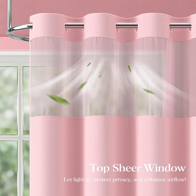 Pink Hook Free Waffle Shower Curtain & Snap-in Fabric Liner,72x75 | Less Time to install, 3 in 1 Fabric Shower Curtain and Liner Set with Magnets, Mesh Top Window, Shower Curtains for Bathroom