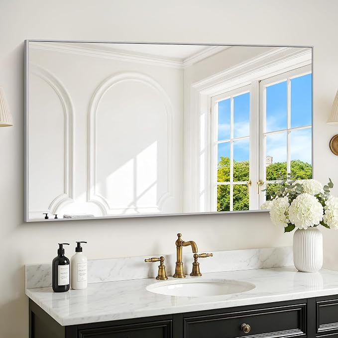 DESBING 30" x 48" Bathroom Mirror, Silver Metal Frame Wall Mirror | HD Image,Shatterproof Decorative Rectangular Vanity Mirror for Bedroom Bathroom Living Room Entryway Horizontal or Vertical